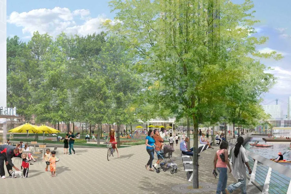 Rendering of people walking in waterfront park in Philadelphia, Pennsylvania